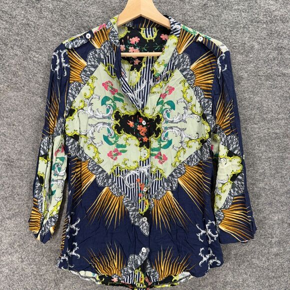 Unbranded Shirt Women M Medium Blue Geometric Button Up Long Sleeve V-Neck - Picture 1 of 5